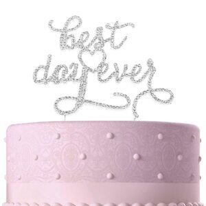 Silver Metal Best Day Ever Rhinestone Wedding Cake Topper Decoration